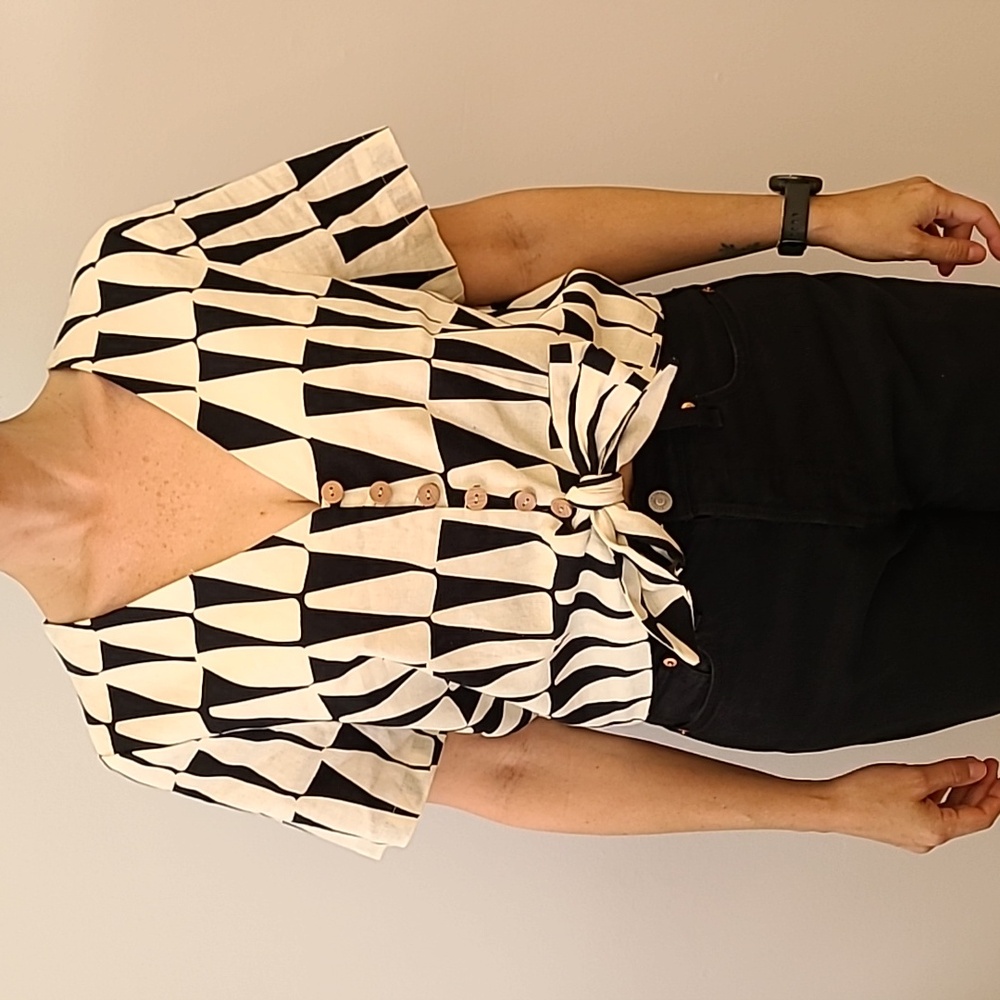 Maison D'Amélie Black and White Geometric Button-Up Top